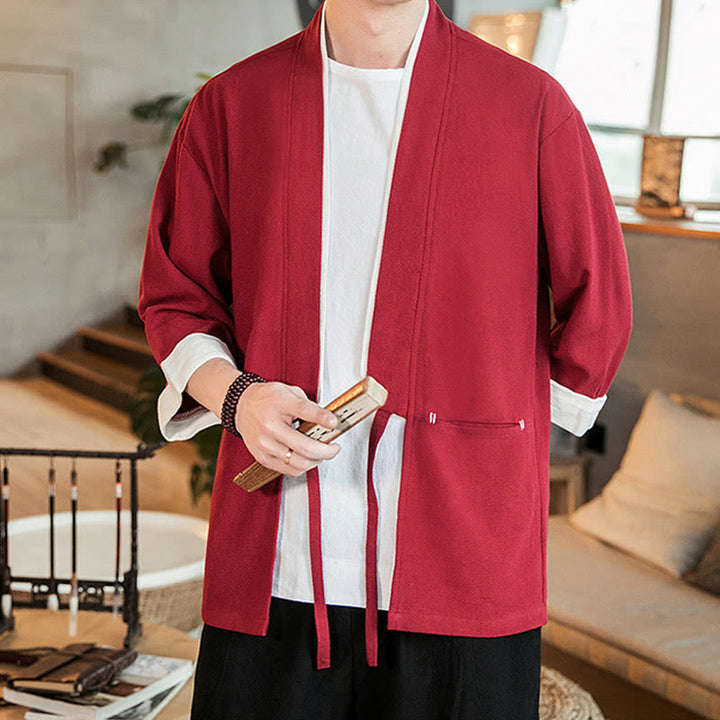 Buddha Stones Lace-Up Design Jacket Cotton Linen Men's Three Quarter Sleeve Kimono With Pockets - Crimson - US/UK/AU46，EU56 (5XL) - image 22