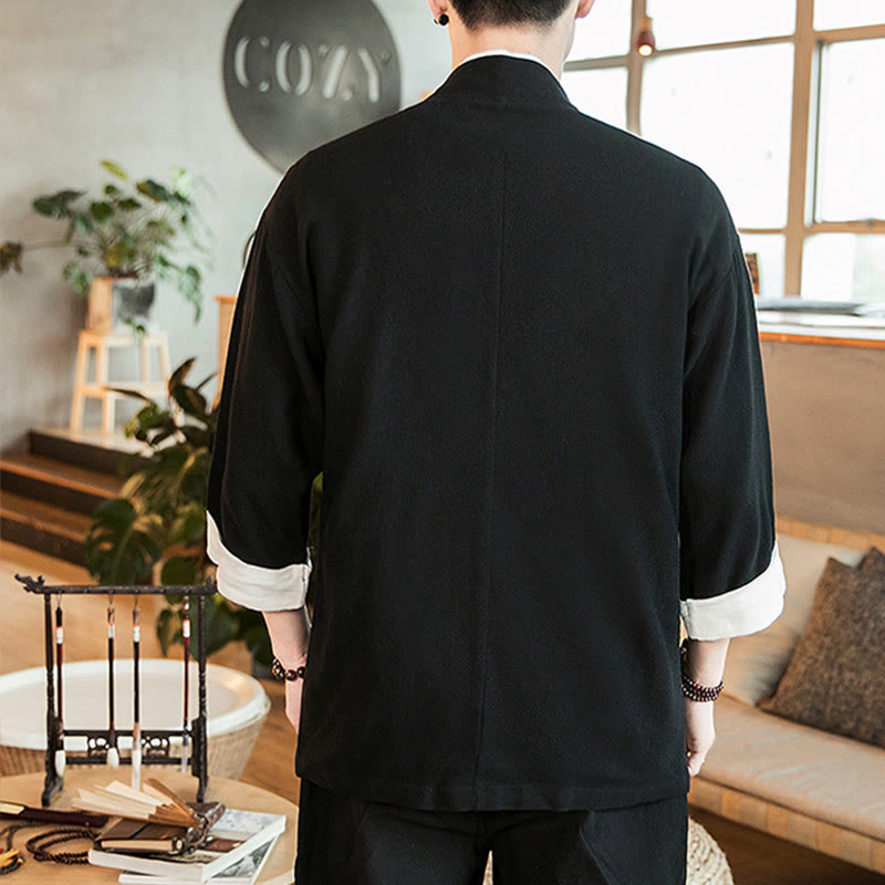 Buddha Stones Lace-Up Design Jacket Cotton Linen Men's Three Quarter Sleeve Kimono With Pockets - image 12