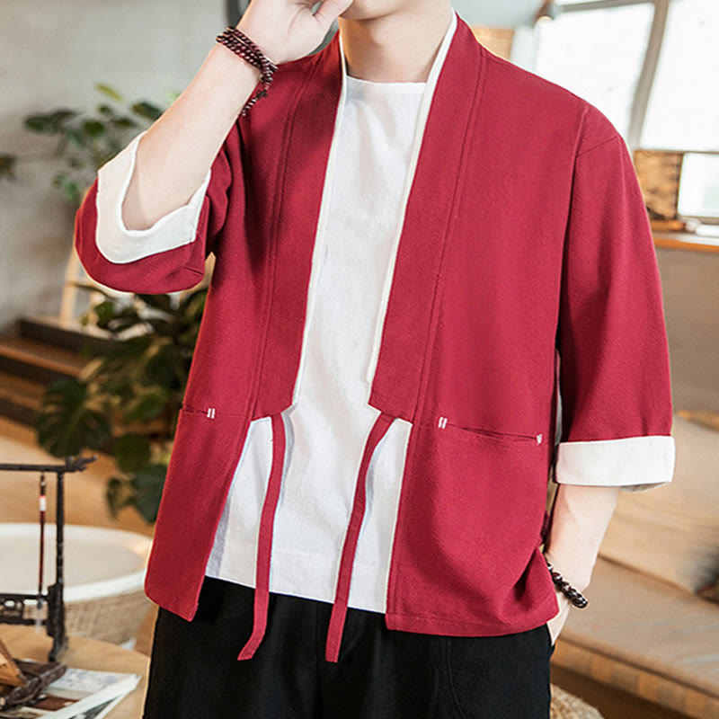 Buddha Stones Lace-Up Design Jacket Cotton Linen Men's Three Quarter Sleeve Kimono With Pockets - image 23