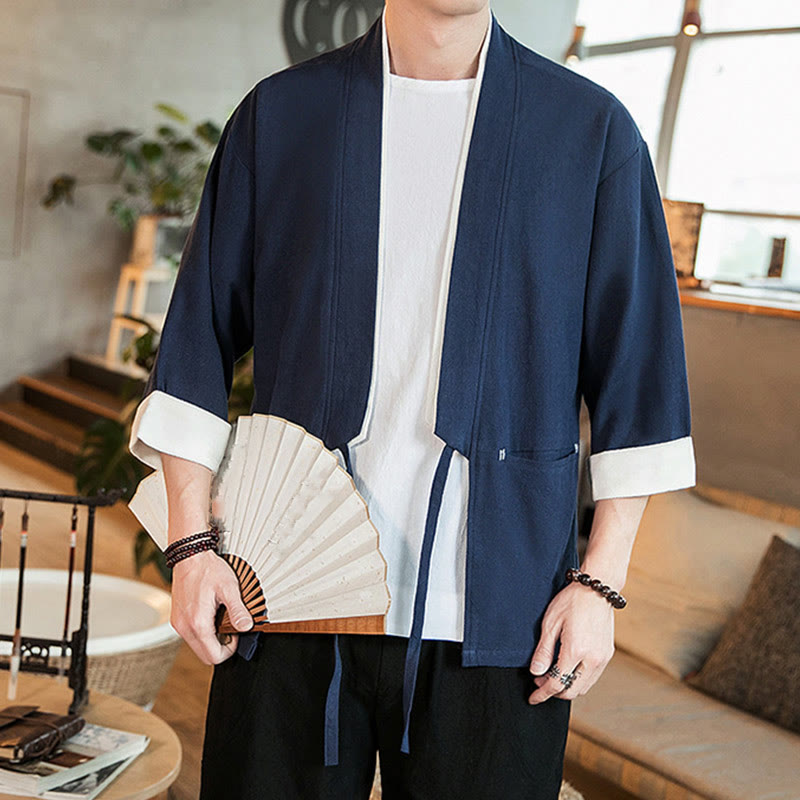 Buddha Stones Lace-Up Design Jacket Cotton Linen Men's Three Quarter Sleeve Kimono With Pockets - image 7