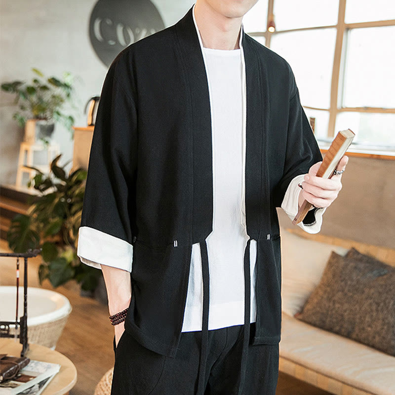 Buddha Stones Lace-Up Design Jacket Cotton Linen Men's Three Quarter Sleeve Kimono With Pockets - image 15