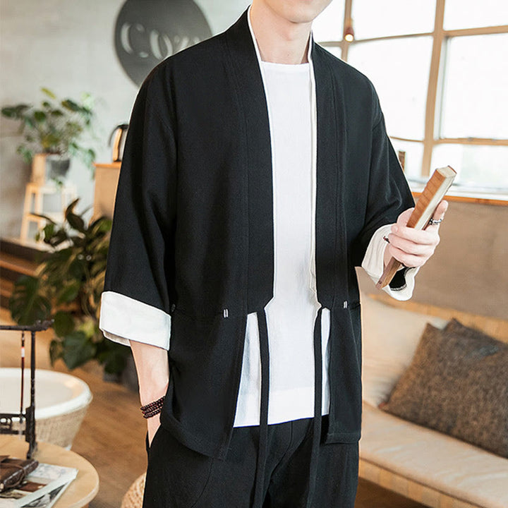 Buddha Stones Lace-Up Design Jacket Cotton Linen Men's Three Quarter Sleeve Kimono With Pockets - image 15