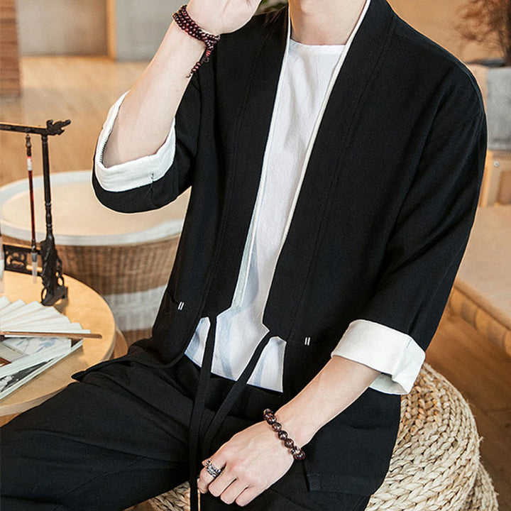 Buddha Stones Lace-Up Design Jacket Cotton Linen Men's Three Quarter Sleeve Kimono With Pockets - image 13
