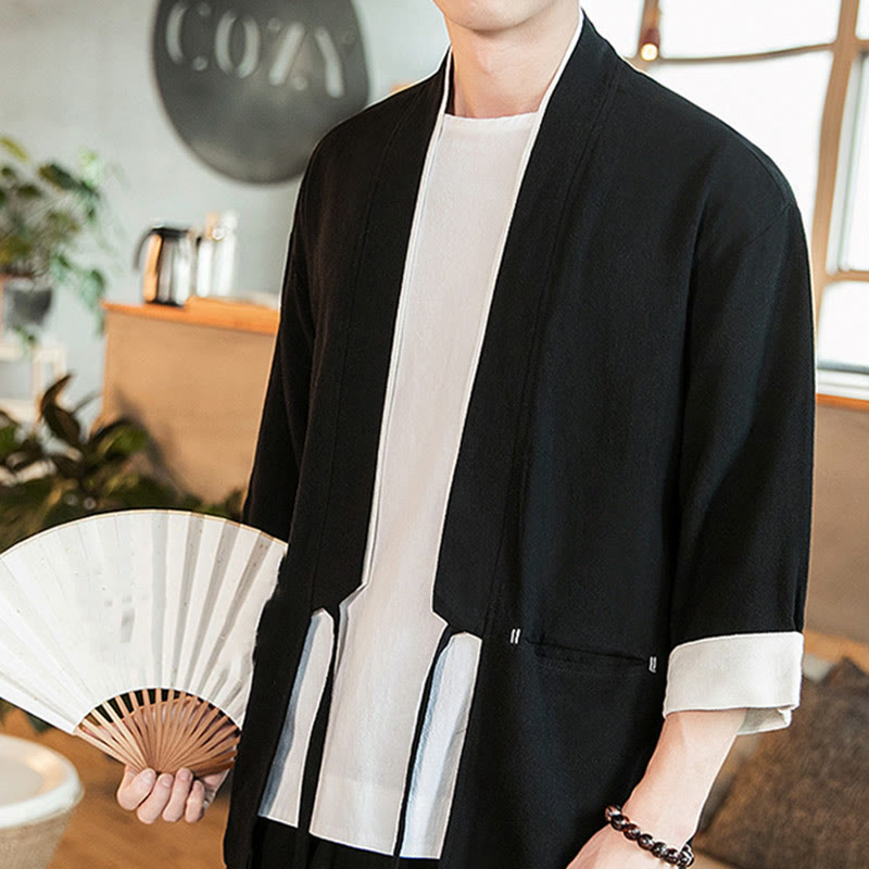 Buddha Stones Lace-Up Design Jacket Cotton Linen Men's Three Quarter Sleeve Kimono With Pockets - image 16