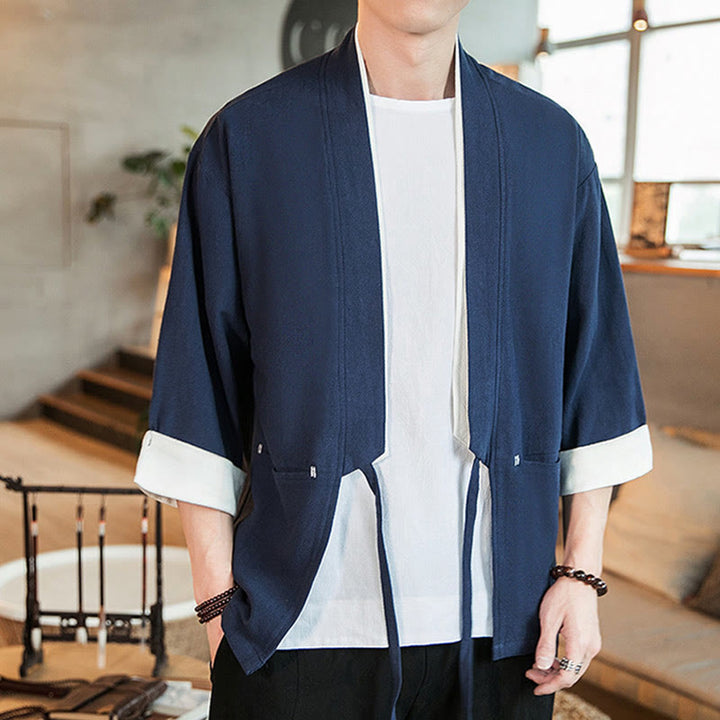 Buddha Stones Lace-Up Design Jacket Cotton Linen Men's Three Quarter Sleeve Kimono With Pockets - image 5