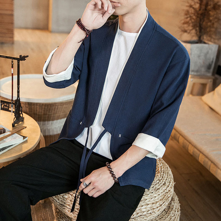 Buddha Stones Lace-Up Design Jacket Cotton Linen Men's Three Quarter Sleeve Kimono With Pockets - image 6