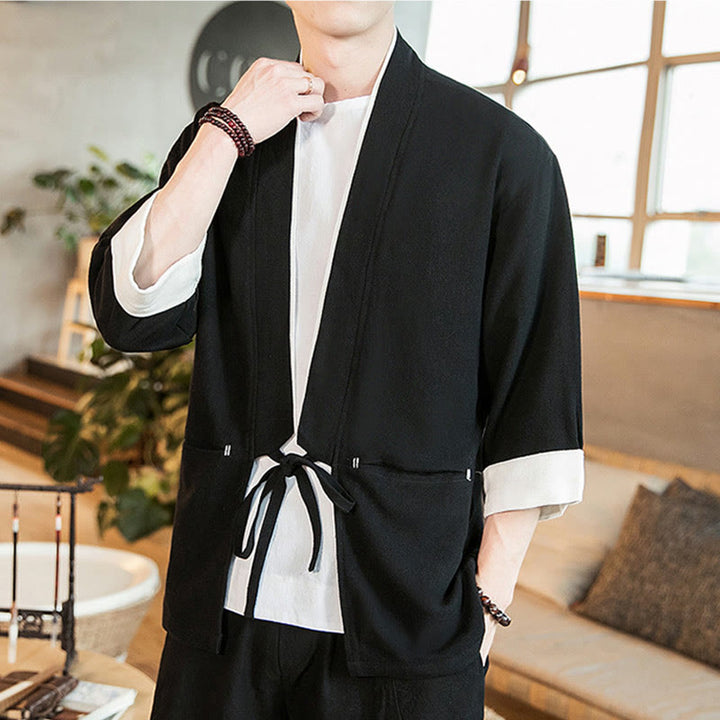 Buddha Stones Lace-Up Design Jacket Cotton Linen Men's Three Quarter Sleeve Kimono With Pockets - image 10