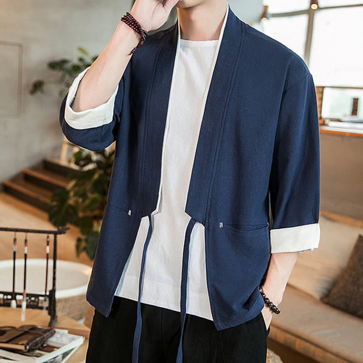 Buddha Stones Lace-Up Design Jacket Cotton Linen Men's Three Quarter Sleeve Kimono With Pockets - image 2