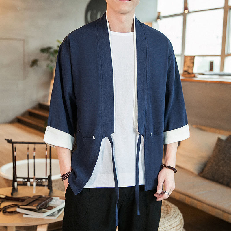 Buddha Stones Lace-Up Design Jacket Cotton Linen Men's Three Quarter Sleeve Kimono With Pockets - DarkBlue - US/UK/AU46，EU56 (5XL) - image 1