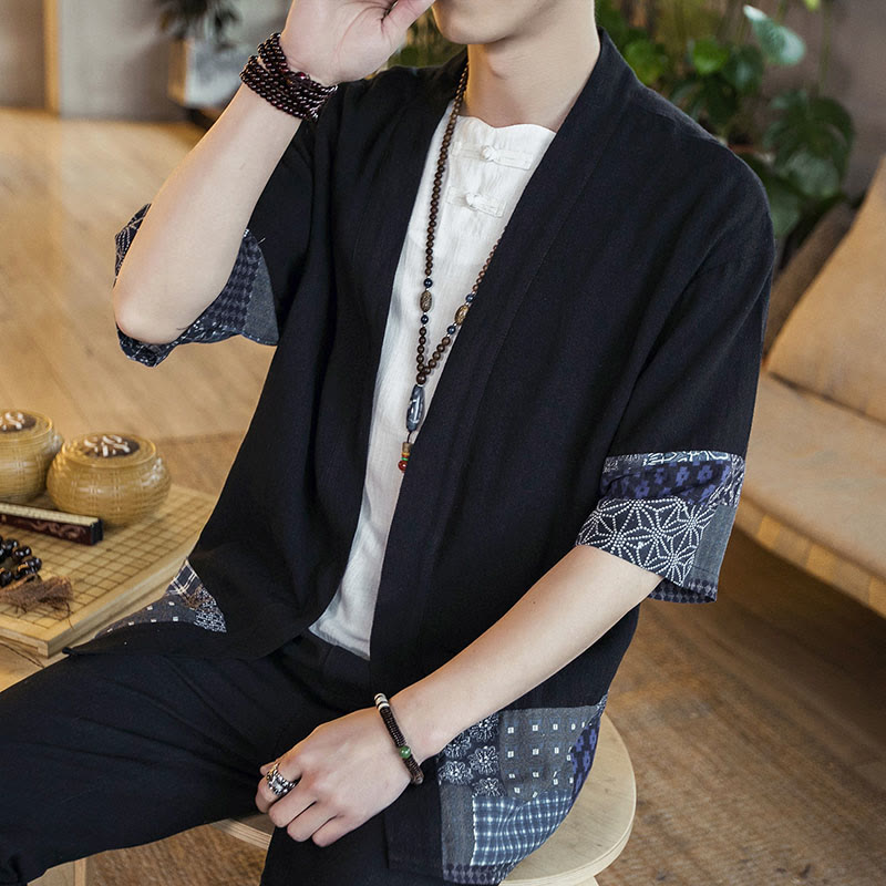 Buddha Stones Ethnic Printing Patchwork Half Sleeve Open Front Jacket Cotton Linen Men's Kimono - image 7