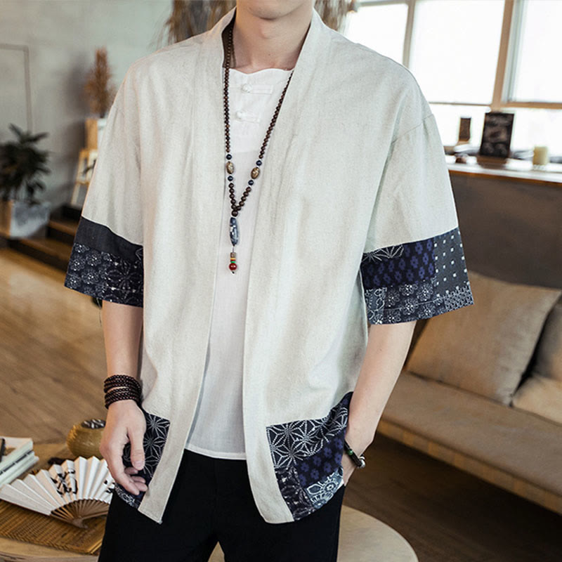 Buddha Stones Ethnic Printing Patchwork Half Sleeve Open Front Jacket Cotton Linen Men's Kimono - image 13
