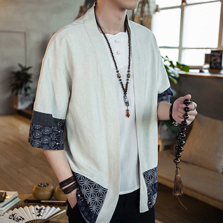 Buddha Stones Ethnic Printing Patchwork Half Sleeve Open Front Jacket Cotton Linen Men's Kimono - image 11