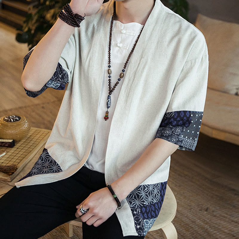 Buddha Stones Ethnic Printing Patchwork Half Sleeve Open Front Jacket Cotton Linen Men's Kimono - image 17