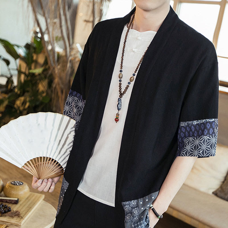 Buddha Stones Ethnic Printing Patchwork Half Sleeve Open Front Jacket Cotton Linen Men's Kimono - image 6