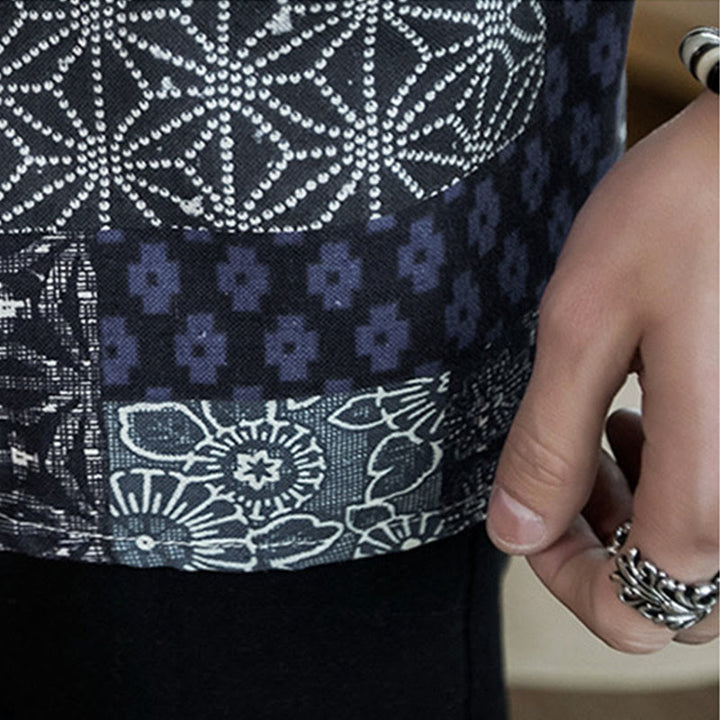 Buddha Stones Ethnic Printing Patchwork Half Sleeve Open Front Jacket Cotton Linen Men's Kimono - image 8