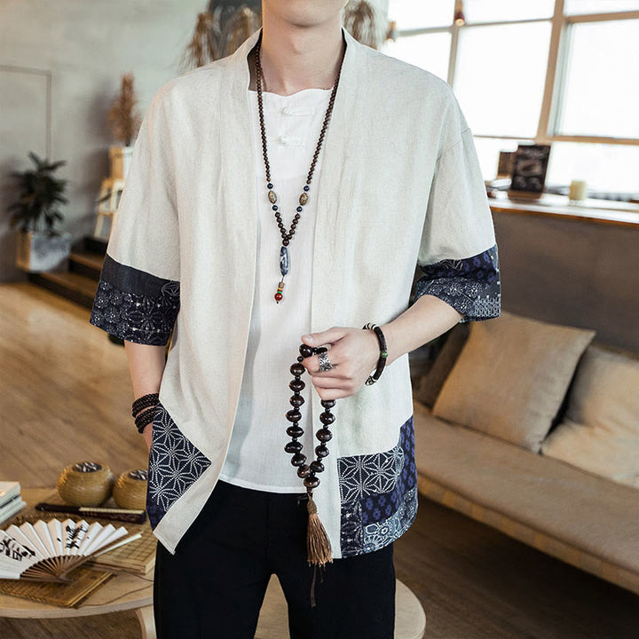 Buddha Stones Ethnic Printing Patchwork Half Sleeve Open Front Jacket Cotton Linen Men's Kimono - Linen - US/UK/AU46，EU56 (5XL) - image 10