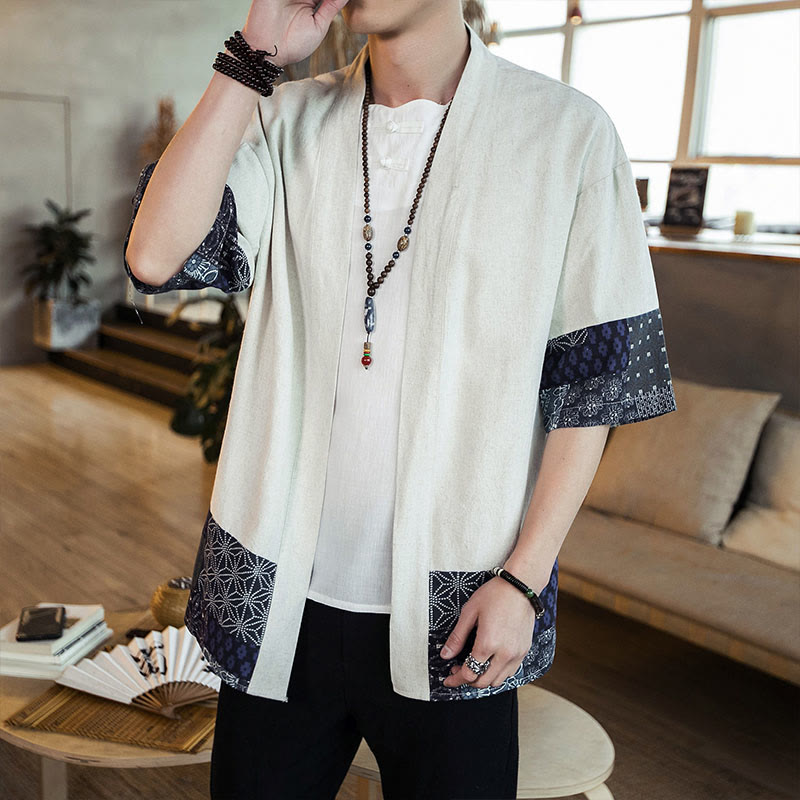 Buddha Stones Ethnic Printing Patchwork Half Sleeve Open Front Jacket Cotton Linen Men's Kimono - image 16