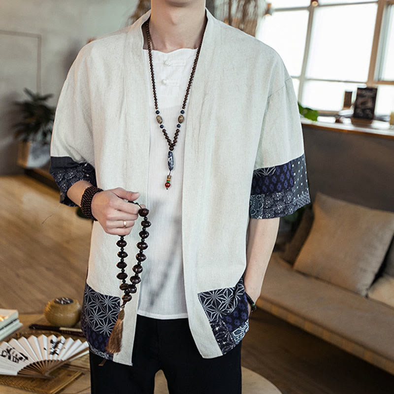 Buddha Stones Ethnic Printing Patchwork Half Sleeve Open Front Jacket Cotton Linen Men's Kimono - image 11