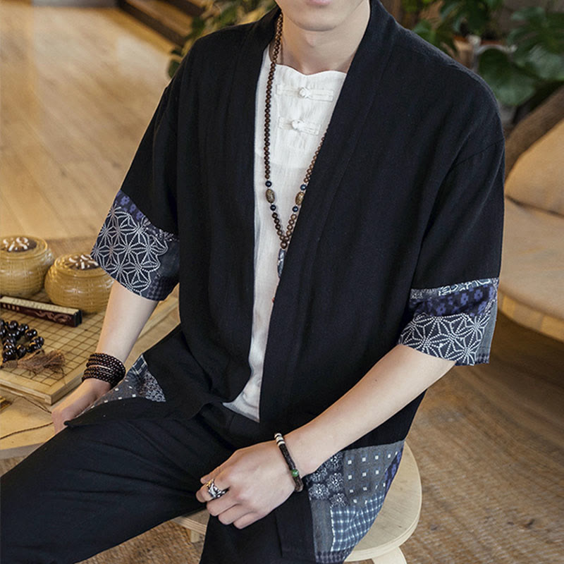 Buddha Stones Ethnic Printing Patchwork Half Sleeve Open Front Jacket Cotton Linen Men's Kimono - image 8