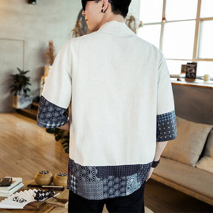 Buddha Stones Ethnic Printing Patchwork Half Sleeve Open Front Jacket Cotton Linen Men's Kimono - image 15