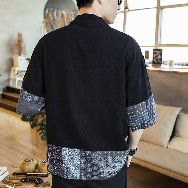 Buddha Stones Ethnic Printing Patchwork Half Sleeve Open Front Jacket Cotton Linen Men's Kimono - image 4