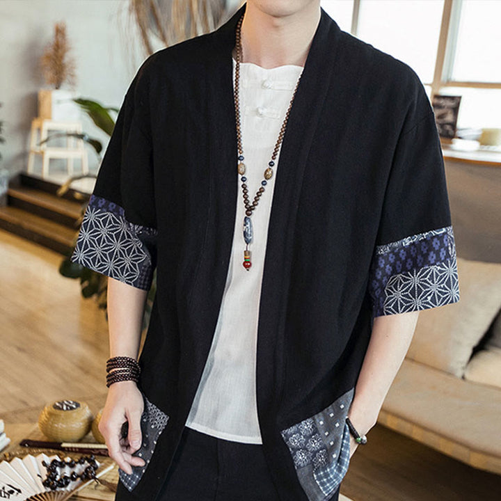 Buddha Stones Ethnic Printing Patchwork Half Sleeve Open Front Jacket Cotton Linen Men's Kimono - image 3