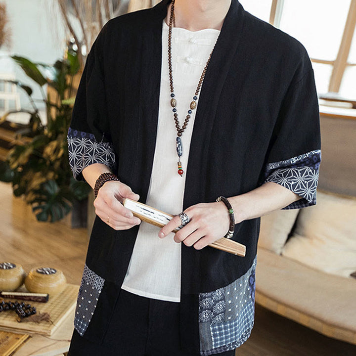 Buddha Stones Ethnic Printing Patchwork Half Sleeve Open Front Jacket Cotton Linen Men's Kimono - Black - US/UK/AU46，EU56 (5XL) - image 1