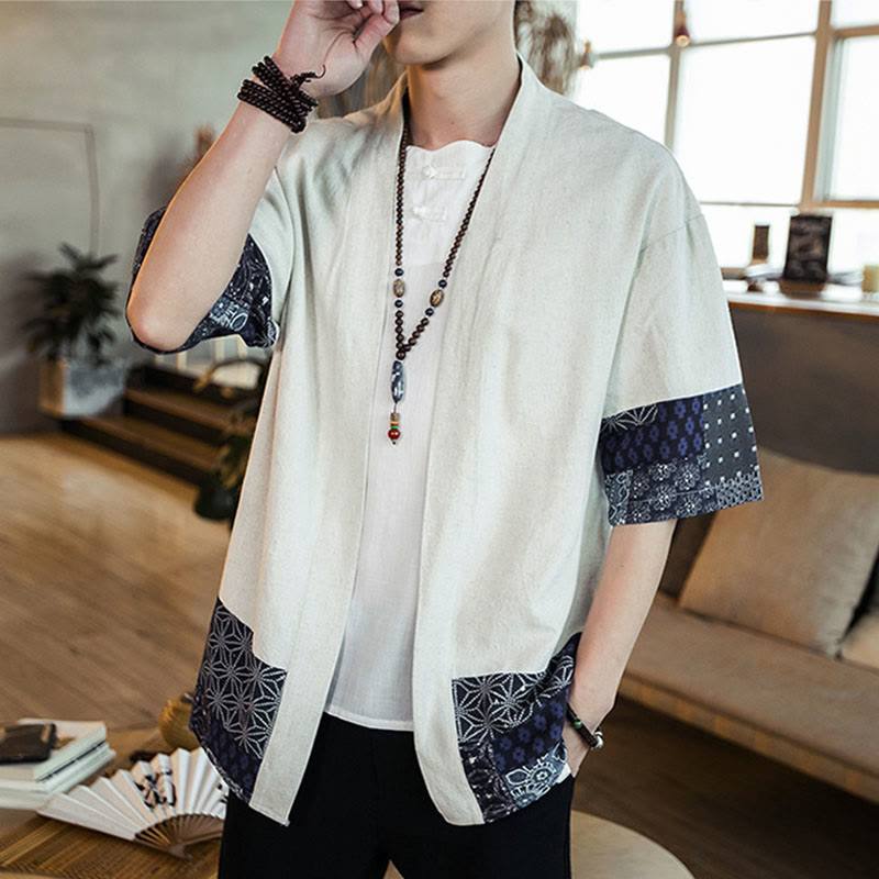 Buddha Stones Ethnic Printing Patchwork Half Sleeve Open Front Jacket Cotton Linen Men's Kimono - image 14