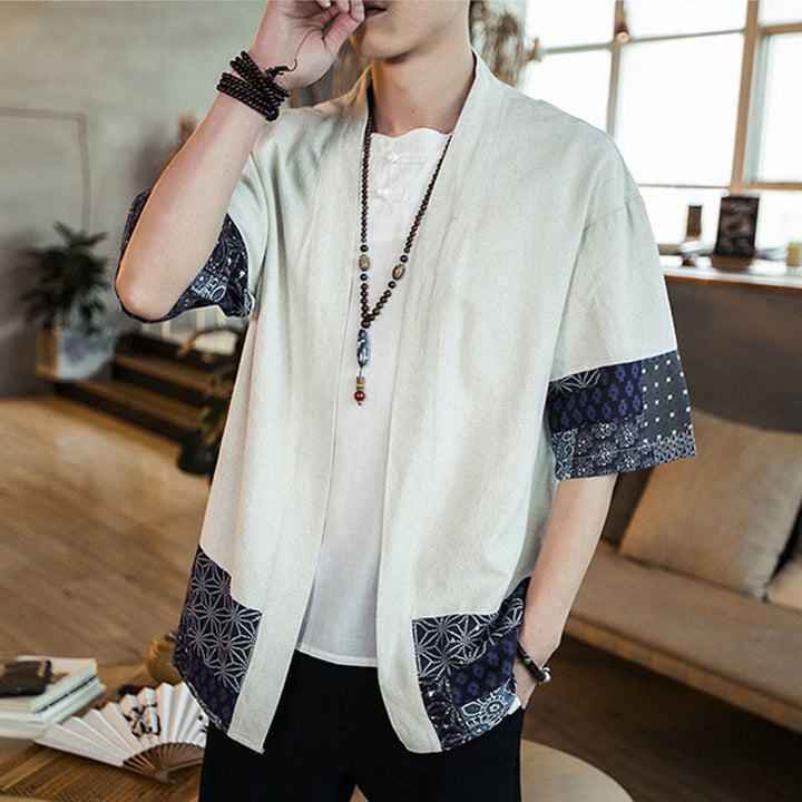 Buddha Stones Ethnic Printing Patchwork Half Sleeve Open Front Jacket Cotton Linen Men's Kimono - image 14