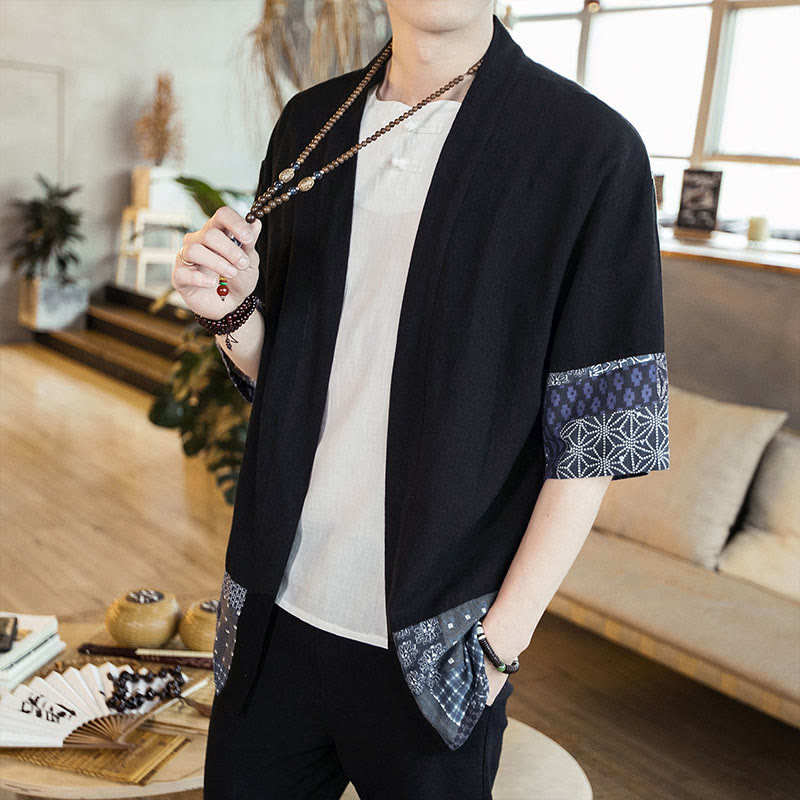 Buddha Stones Ethnic Printing Patchwork Half Sleeve Open Front Jacket Cotton Linen Men's Kimono - image 2