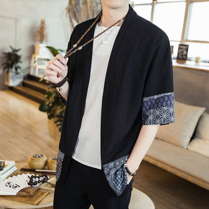 Buddha Stones Ethnic Printing Patchwork Half Sleeve Open Front Jacket Cotton Linen Men's Kimono - image 2
