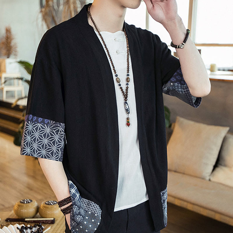 Buddha Stones Ethnic Printing Patchwork Half Sleeve Open Front Jacket Cotton Linen Men's Kimono - image 4