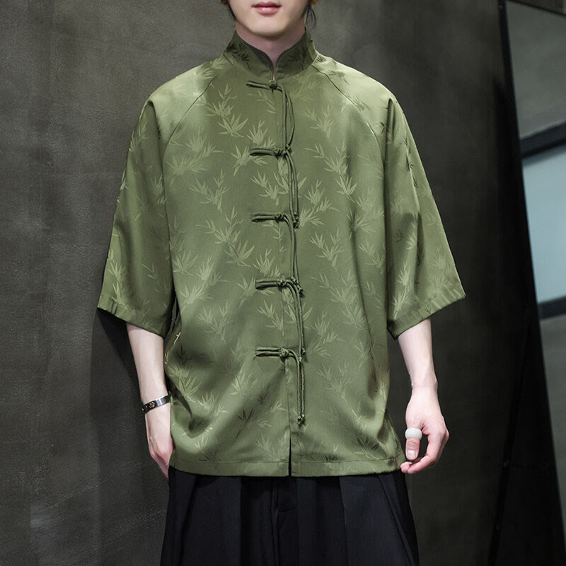 Buddha Stones Jacquard Bamboo Three Quarter Sleeve Frog-Button Tang Suit Men's Cotton Shirt - OliveDrab - US/UK/AU46，EU56 (5XL) - image 18