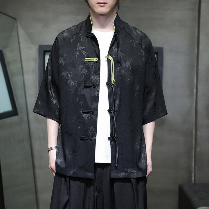 Buddha Stones Jacquard Bamboo Three Quarter Sleeve Frog-Button Tang Suit Men's Cotton Shirt - Black - US/UK/AU46，EU56 (5XL) - image 1