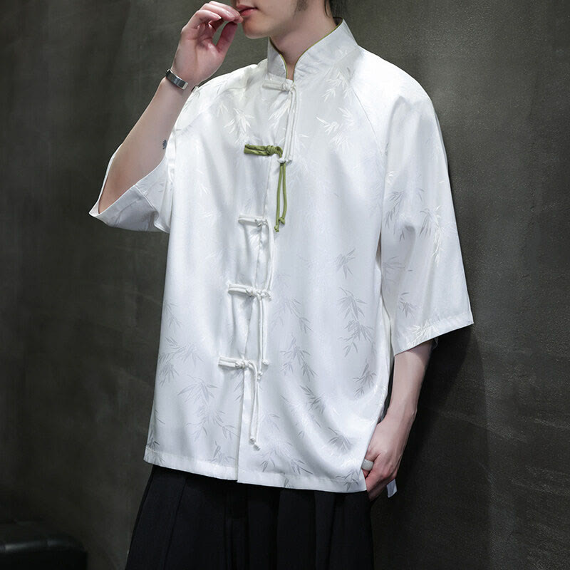 Buddha Stones Jacquard Bamboo Three Quarter Sleeve Frog-Button Tang Suit Men's Cotton Shirt - image 8