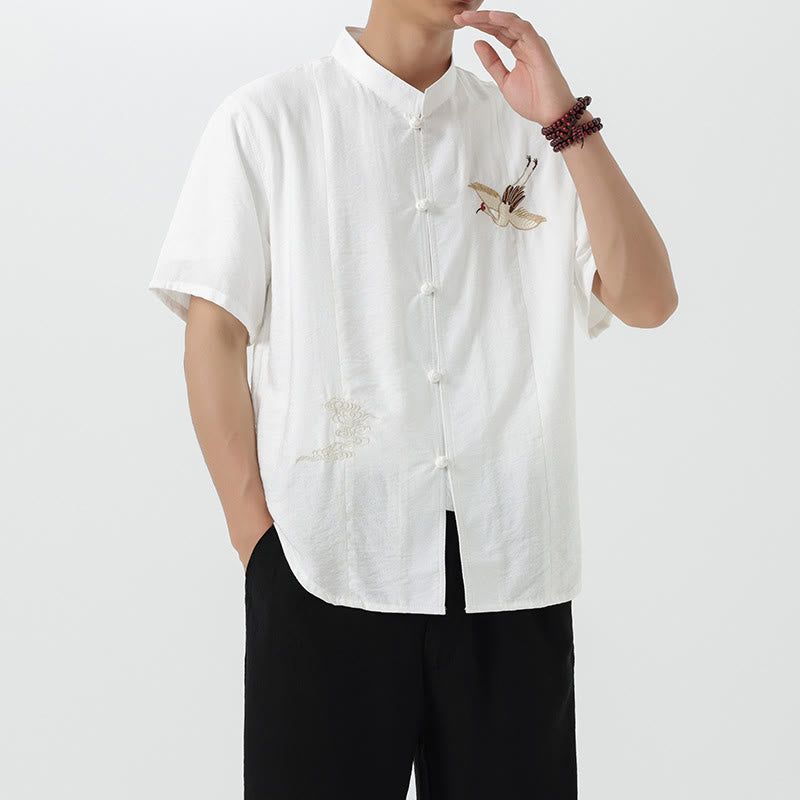 Buddha Stones Vintage Embroidery Buttons Half Sleeve Design Stand Collar Men's Cotton Shirt - image 11