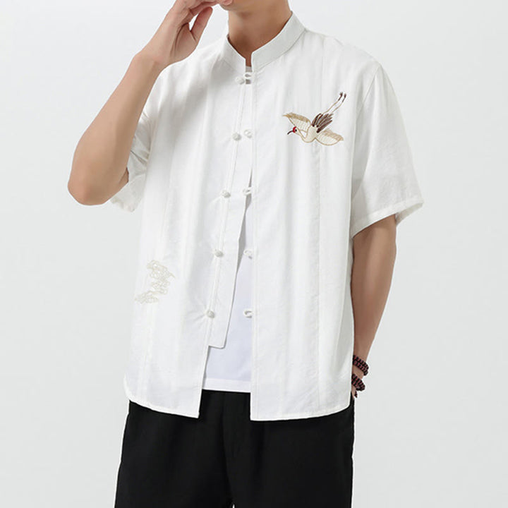 Buddha Stones Vintage Embroidery Buttons Half Sleeve Design Stand Collar Men's Cotton Shirt - image 10