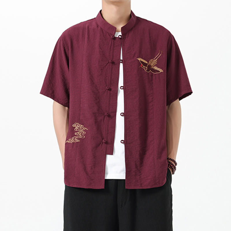 Buddha Stones Vintage Embroidery Buttons Half Sleeve Design Stand Collar Men's Cotton Shirt - Brown - US/UK/AU42，EU52 (3XL) - image 1