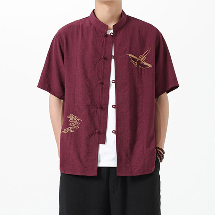 Buddha Stones Vintage Embroidery Buttons Half Sleeve Design Stand Collar Men's Cotton Shirt - Brown - US/UK/AU42，EU52 (3XL) - image 1