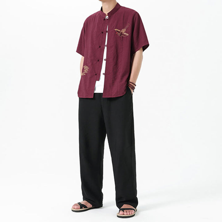 Buddha Stones Vintage Embroidery Buttons Half Sleeve Design Stand Collar Men's Cotton Shirt - image 8