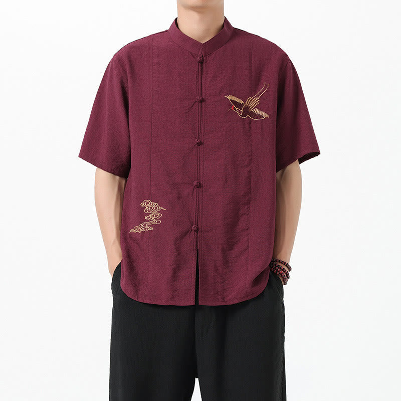 Buddha Stones Vintage Embroidery Buttons Half Sleeve Design Stand Collar Men's Cotton Shirt - image 1