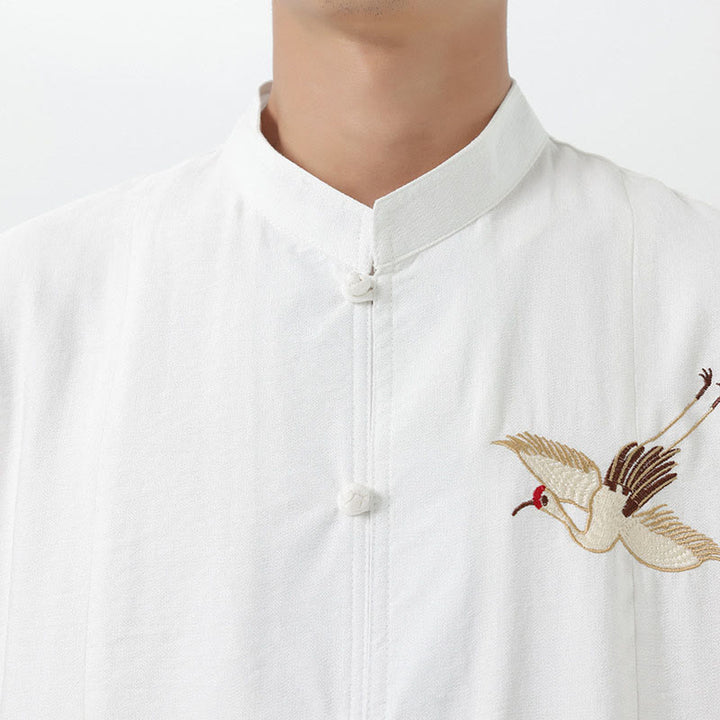 Buddha Stones Vintage Embroidery Buttons Half Sleeve Design Stand Collar Men's Cotton Shirt - image 16