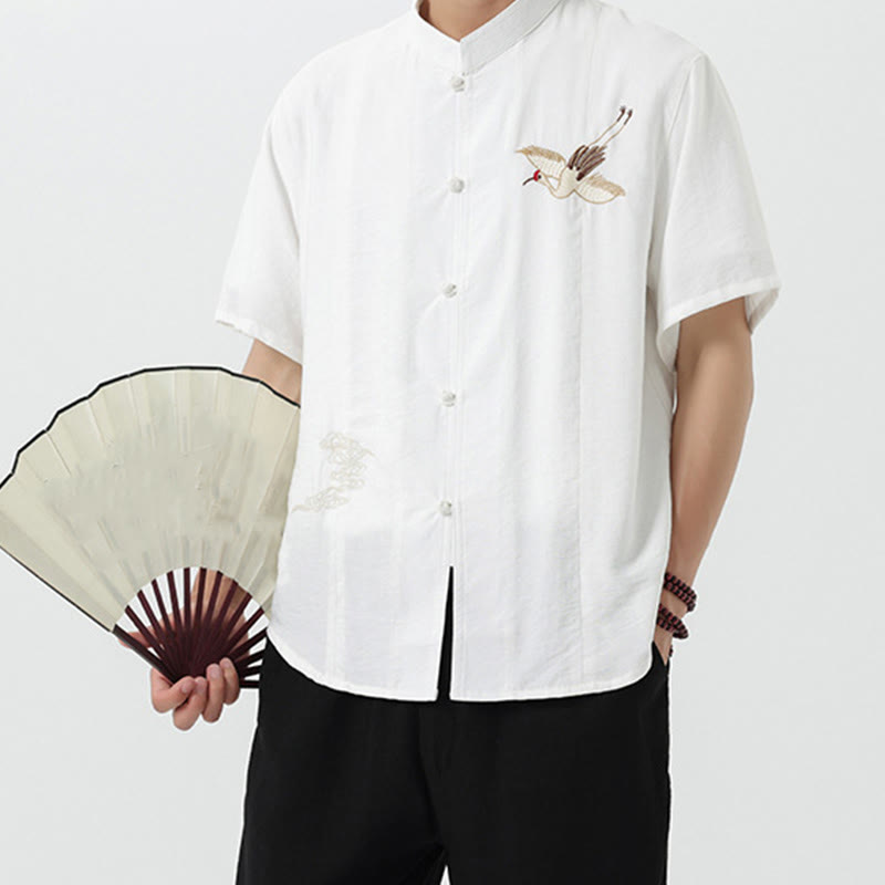 Buddha Stones Vintage Embroidery Buttons Half Sleeve Design Stand Collar Men's Cotton Shirt - image 15