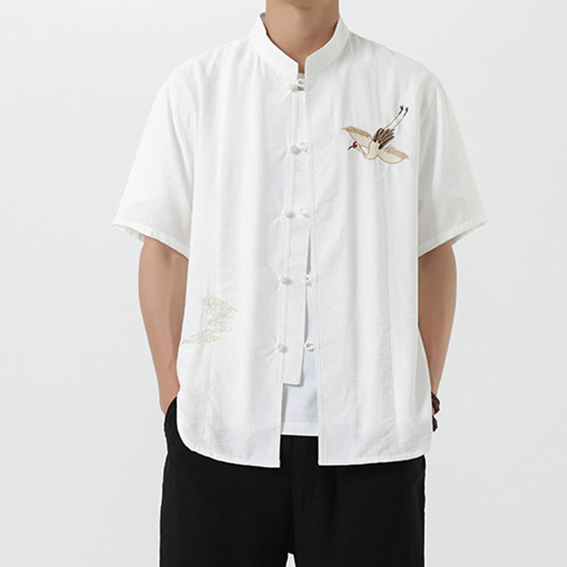 Buddha Stones Vintage Embroidery Buttons Half Sleeve Design Stand Collar Men's Cotton Shirt - image 10