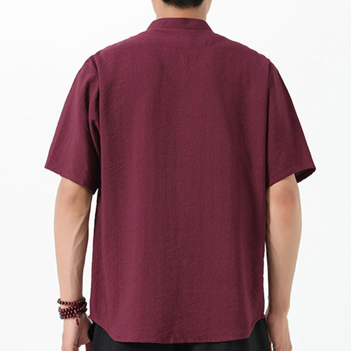 Buddha Stones Vintage Embroidery Buttons Half Sleeve Design Stand Collar Men's Cotton Shirt - image 3