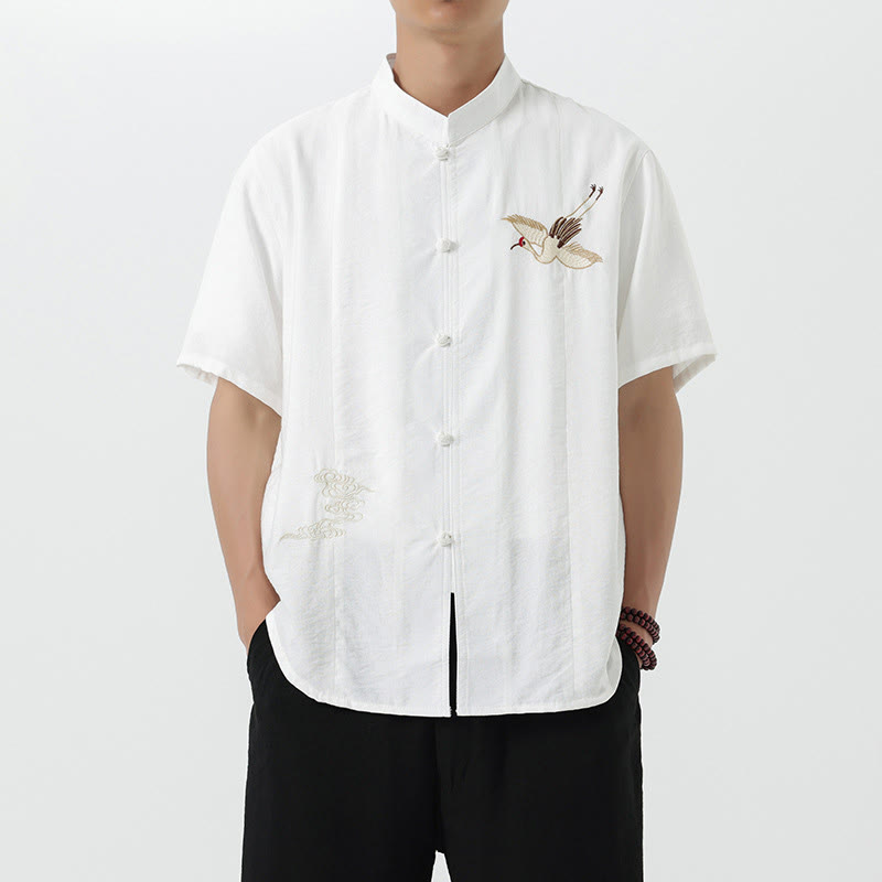 Buddha Stones Vintage Embroidery Buttons Half Sleeve Design Stand Collar Men's Cotton Shirt - White - US/UK/AU42，EU52 (3XL) - image 9