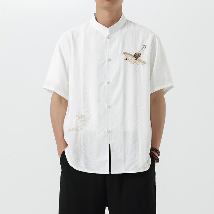 Buddha Stones Vintage Embroidery Buttons Half Sleeve Design Stand Collar Men's Cotton Shirt - White - US/UK/AU42，EU52 (3XL) - image 9