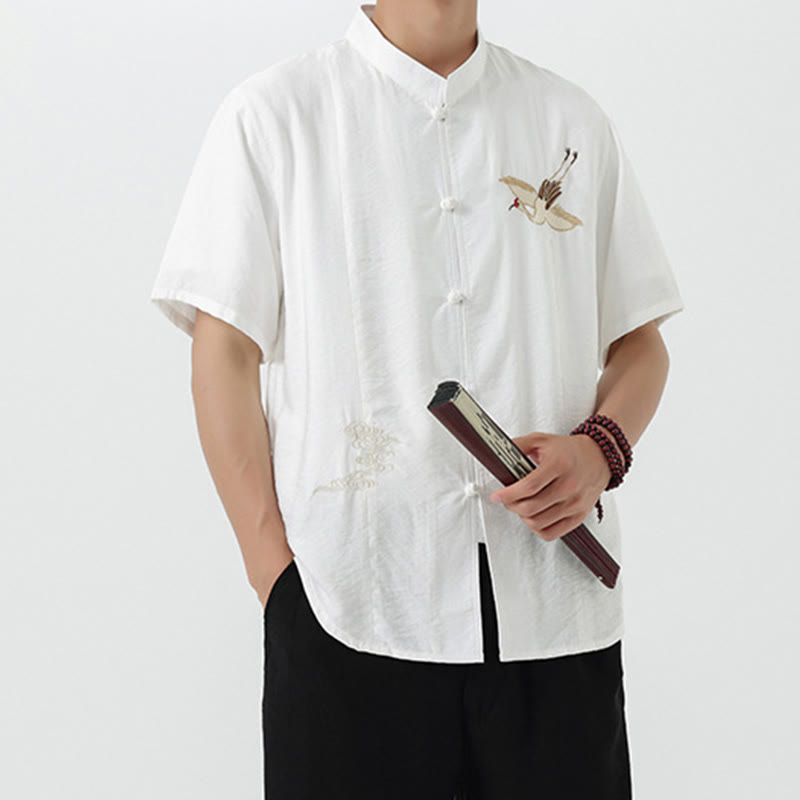 Buddha Stones Vintage Embroidery Buttons Half Sleeve Design Stand Collar Men's Cotton Shirt - image 15