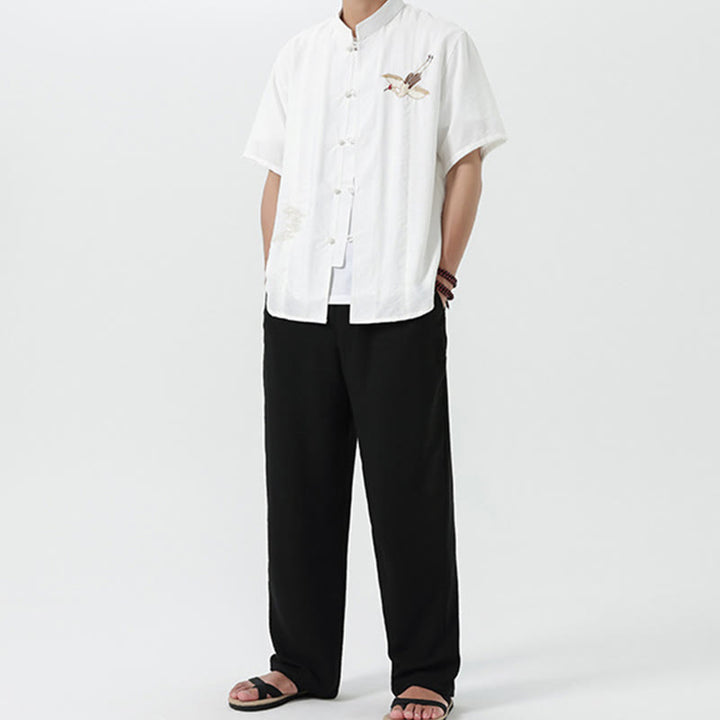 Buddha Stones Vintage Embroidery Buttons Half Sleeve Design Stand Collar Men's Cotton Shirt - image 20