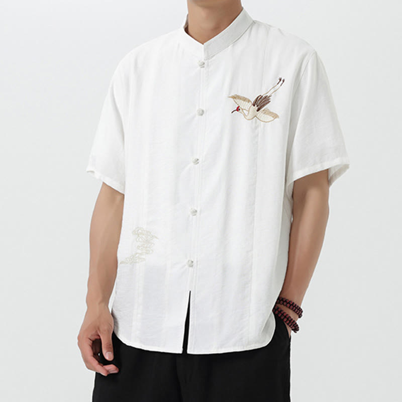 Buddha Stones Vintage Embroidery Buttons Half Sleeve Design Stand Collar Men's Cotton Shirt - image 12